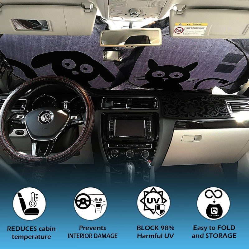 IC ICLOVER Car Windshield Sunshade with Pet Design, Cute Dog & Cat Cartoon Front Windshield Sun Shade Foldable Sunshade Blocks Heat UV Rays, Protect Interior Keep Cool, Fits Cars SUV Truck - Medium - Image 2